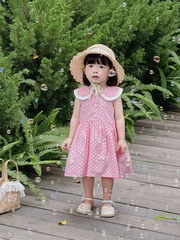 Váy cổ sen 2 lớp chấm bi trắng nền hồng