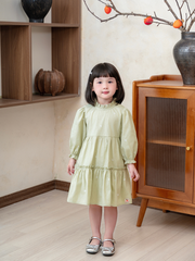 Váy dài tay cổ bèo xanh mint tim trắng