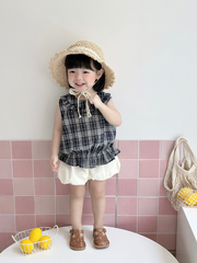 Set áo cổ bèo kẻ navy quần bí siêu xinh