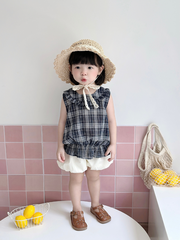 Set áo cổ bèo kẻ navy quần bí siêu xinh