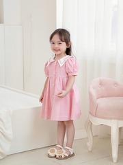 Váy kẻ hồng tay bồng cổ PP xinh xắn