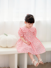 Váy tay bồng nẹp cúc caro hồng hoa nhí