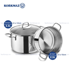 Bộ nồi xửng hấp inox cao cấp Korkmaz Perla - Ø20cm - A1521