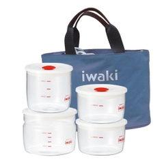 Bộ 4 hộp cơm thuỷ tinh văn phòng chịu nhiệt Iwaki kèm túi giữ nhiệt màu xám