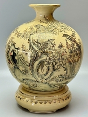 Bình Hút Lộc Chim Đào Cao 42cm Gốm Nghệ Nhân Vẽ Vàng