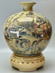 Bình Hút Lộc Cao 55cm Công Đào Xanh Coban 3D Gốm Vẽ Vàng