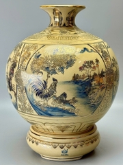 Bình Hút Lộc Tứ Cảnh Sơn Thuỷ Xanh Coban Cao 42cm Gốm Men Rạn Vẽ Vàng