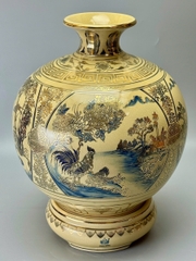 Bình Hút Lộc Tứ Cảnh Sơn Thuỷ Xanh Coban Cao 42cm Gốm Men Rạn Vẽ Vàng