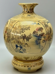 Bình Hút Lộc Tứ Cảnh Sơn Thuỷ Xanh Coban Cao 42cm Gốm Men Rạn Vẽ Vàng