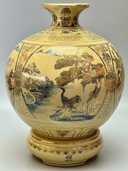 Bình Hút Lộc Tứ Cảnh Sơn Thuỷ Xanh Coban Cao 42cm Gốm Men Rạn Vẽ Vàng