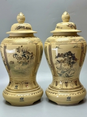 Đôi Choé Cao 65cm Hoạ Tiết Tứ Cảnh Bốn Mùa Gốm Chu Đậu Vẽ Vàng