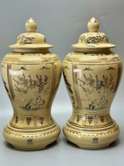 Đôi Choé Cao 65cm Hoạ Tiết Tứ Cảnh Bốn Mùa Gốm Chu Đậu Vẽ Vàng