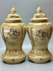 Đôi Choé Cao 65cm Hoạ Tiết Tứ Cảnh Bốn Mùa Gốm Chu Đậu Vẽ Vàng