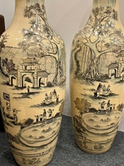 Lục Bình Cao 1,35m Cả Đế Hoạ Tiết Vinh Quy Bái Tổ Gốm Chu Đậu Vẽ Vàng