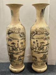 Lục Bình Hoạ Tiết Vinh Quy Bái Tổ Cao 1,4m (Cả đế 1,55m) Gốm Chu Đậu Vẽ Vàng