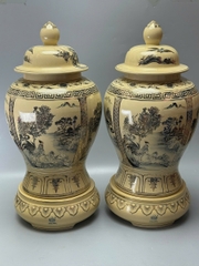 Đôi Choé Cao 72cm Hoạ Tiết Tứ Cảnh Sơn Thuỷ Gốm Chu Đậu Vẽ Vàng 24K