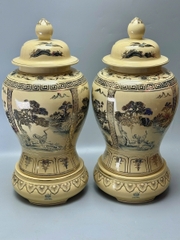 Đôi Choé Cao 72cm Hoạ Tiết Tứ Cảnh Sơn Thuỷ Gốm Chu Đậu Vẽ Vàng 24K