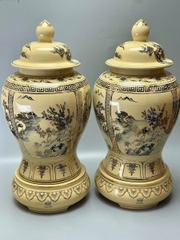 Đôi Choé Cao 72cm Hoạ Tiết Tứ Cảnh Sơn Thuỷ Gốm Chu Đậu Vẽ Vàng 24K