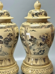 Đôi Choé Cao 72cm Hoạ Tiết Tứ Cảnh Sơn Thuỷ Gốm Chu Đậu Vẽ Vàng 24K