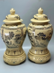 Đôi Choé Cao 72cm Hoạ Tiết Tứ Cảnh Sơn Thuỷ Gốm Chu Đậu Vẽ Vàng 24K