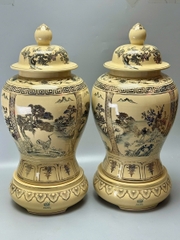 Đôi Choé Cao 72cm Hoạ Tiết Tứ Cảnh Sơn Thuỷ Gốm Chu Đậu Vẽ Vàng 24K