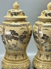 Đôi Choé Cao 72cm Hoạ Tiết Tứ Cảnh Sơn Thuỷ Gốm Chu Đậu Vẽ Vàng 24K