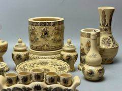 SET Đồ Thờ Cho Ban Thờ 1,07m Bát Hương Đắp Nổi Gốm Chu Đậu Vẽ Vàng