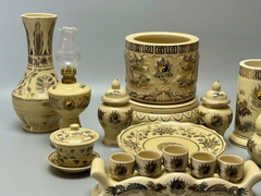 SET Đồ Thờ Cho Ban Thờ 1,53m Bát Hương Đắp Nổi Gốm Chu Đậu Vẽ Vàng