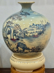 Bình Hút Lộc Cảnh Làng Quê Cao 55cm Xanh Coban Nền 3D Gốm Chu Đậu Vẽ Vàng