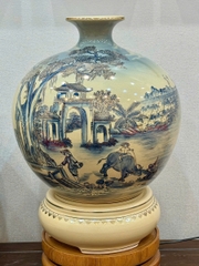 Bình Hút Lộc Cảnh Làng Quê Cao 55cm Xanh Coban Nền 3D Gốm Chu Đậu Vẽ Vàng