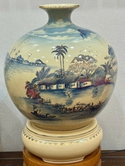 Bình Hút Lộc Cảnh Làng Quê Cao 55cm Xanh Coban Nền 3D Gốm Chu Đậu Vẽ Vàng