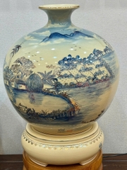 Bình Hút Lộc Cảnh Làng Quê Cao 55cm Xanh Coban Nền 3D Gốm Chu Đậu Vẽ Vàng