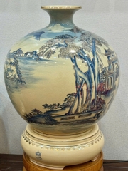 Bình Hút Lộc Cảnh Làng Quê Cao 55cm Xanh Coban Nền 3D Gốm Chu Đậu Vẽ Vàng