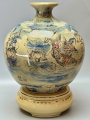 Bình Hút Lộc Lý Ngư Vọng Nguyệt Xanh Coban Vẽ 3D - H50 Gốm Chu Đậu Vẽ Vàng