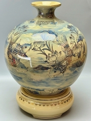 Bình Hút Lộc Lý Ngư Vọng Nguyệt Xanh Coban Vẽ 3D - H50 Gốm Chu Đậu Vẽ Vàng