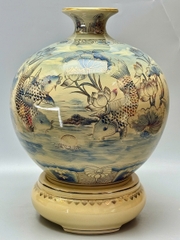 Bình Hút Lộc Lý Ngư Vọng Nguyệt Xanh Coban Vẽ 3D - H50 Gốm Chu Đậu Vẽ Vàng