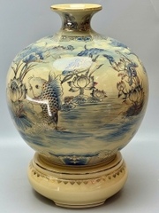 Bình Hút Lộc Lý Ngư Vọng Nguyệt Xanh Coban Vẽ 3D - H50 Gốm Chu Đậu Vẽ Vàng