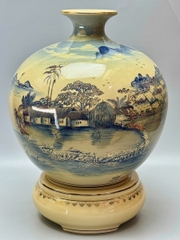 Bình Hút Tài Lộc Sơn Thuỷ Hữu Tình Xanh Coban Vẽ 3D H50 Gốm Chu Đậu Vẽ Vàng