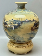 Bình Hút Tài Lộc Sơn Thuỷ Hữu Tình Xanh Coban Vẽ 3D H50 Gốm Chu Đậu Vẽ Vàng