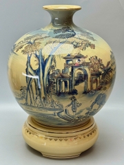 Bình Hút Tài Lộc Sơn Thuỷ Hữu Tình Xanh Coban Vẽ 3D H50 Gốm Chu Đậu Vẽ Vàng