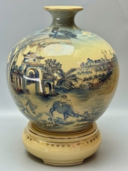 Bình Hút Tài Lộc Sơn Thuỷ Hữu Tình Xanh Coban Vẽ 3D H50 Gốm Chu Đậu Vẽ Vàng