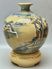 Bình Hút Tài Lộc Sơn Thuỷ Hữu Tình Xanh Coban Vẽ 3D H50 Gốm Chu Đậu Vẽ Vàng