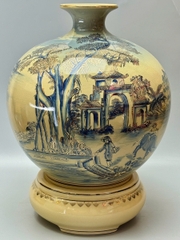 Bình Hút Tài Lộc Sơn Thuỷ Hữu Tình Xanh Coban Vẽ 3D H50 Gốm Chu Đậu Vẽ Vàng