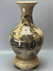 Bình Phú Quý Sơn Thuỷ Hữu Tình Cao 75cm Gốm Chu Đậu Vẽ Vàng