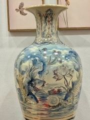 Bảo Bình Lý Ngư Vọng Nguyệt Độc Bản 3D Cao 95cm Hoạ Tiết Vẽ Vàng