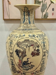 Bảo Bình Tứ Cảnh Xanh Coban Cao 95cm Gốm Chu Đậu Vẽ Vàng