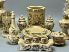 Bộ Đồ Thờ Cho Ban 1,57m Hoạ Tiết Sen Vẽ Vàng Gốm Chu Đậu