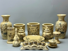 Bộ Đồ Thờ Hoa Sen Cho Ban 1,75m Gốm Chu Đậu Vẽ Vàng