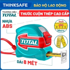 Thước kéo cao cấp TOTAL, Kích thước 5 - 8 mét, Hệ mét và inch, Lưỡi thép phủ nylon 360°, In hai mặt, Móc đôi có nam châm