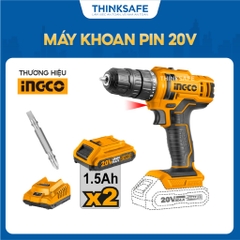 Máy khoan pin Lithium 20V INGCO CDLI20028, Tốc độ 1500rpm, Mô men xoắn 45NM, Điện áp sạc 220-240V, Có đèn LED - Thinksaf